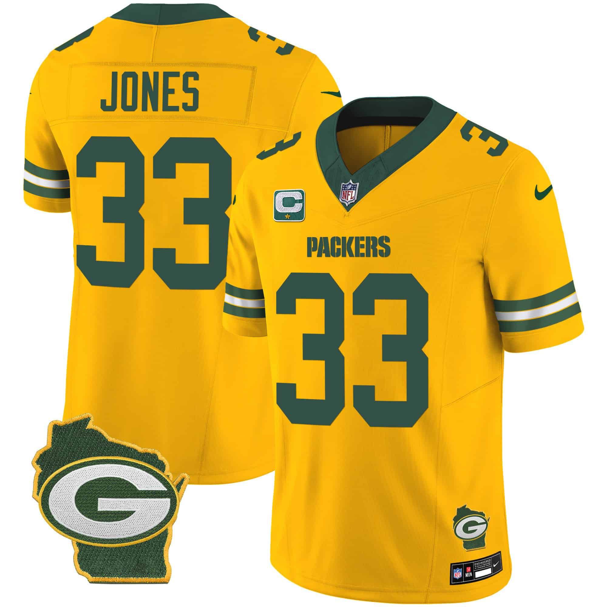 Men Green Bay Packers #33 Jones Yellow 2024 Nike Home Patch Vapor NFL Jersey